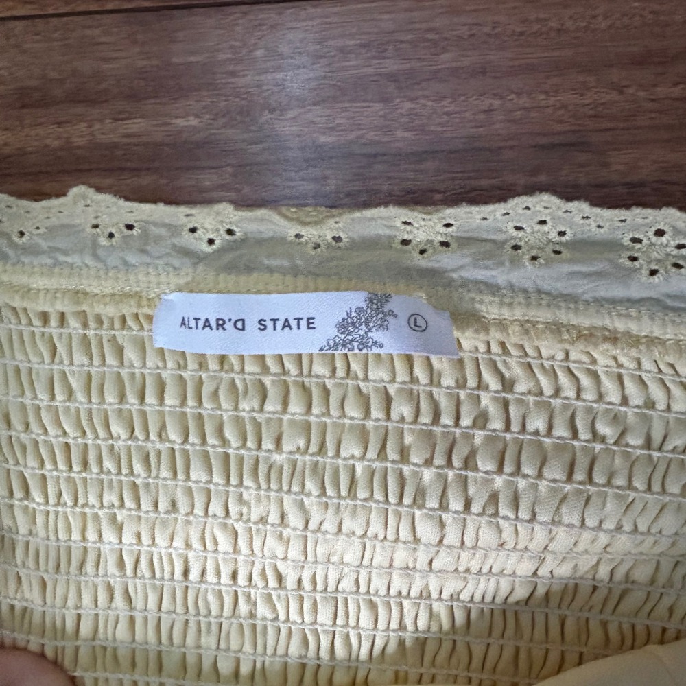 Altar'd State Yellow Eyelet Strapless Maxi Dress Smocked Ruffle ASWD-261-009 L - Picture 5 of 11